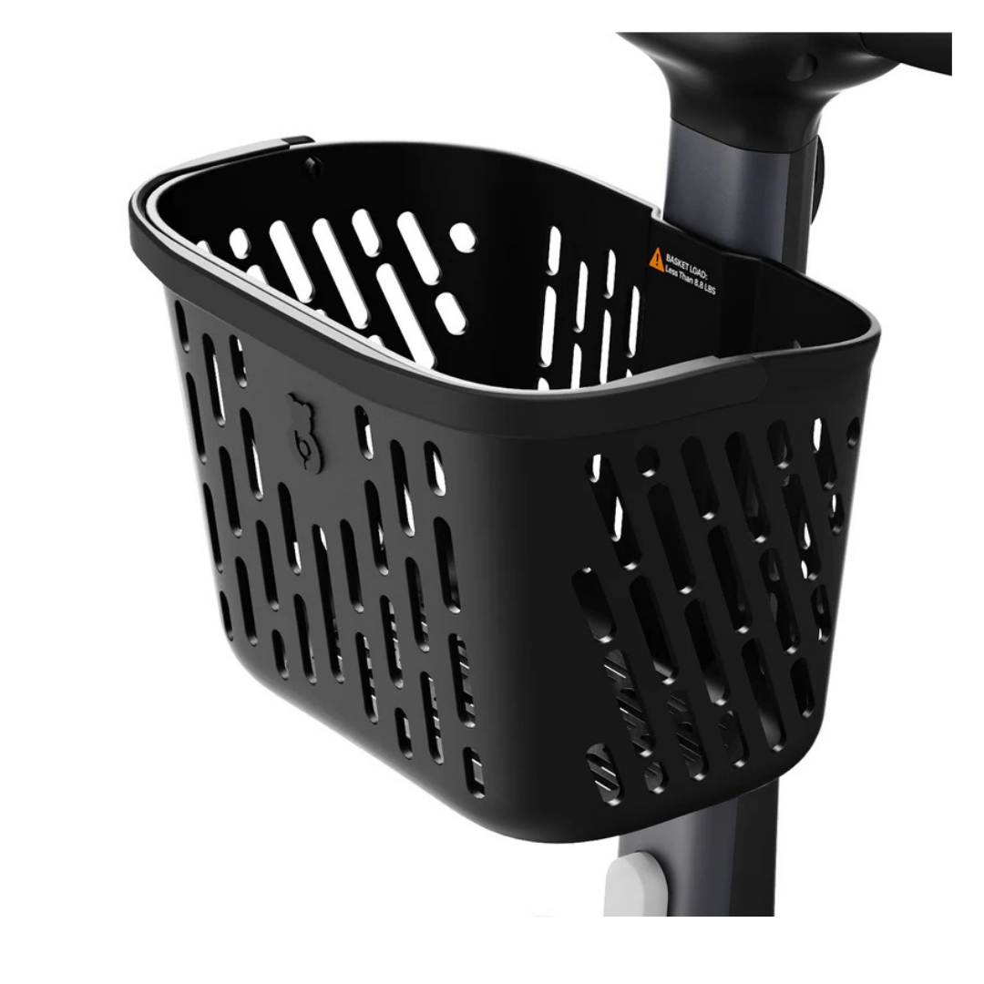 A close-up of a black plastic basket with vertical and horizontal slots, attached to a scooter—perfect for carrying Paiseec Mobility Scooter Parts or a replacement charger.
